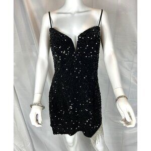 Black Sequined Mini Dress by Alyce Paris, Rhinestone Chains on Hem, Size 14, NWT